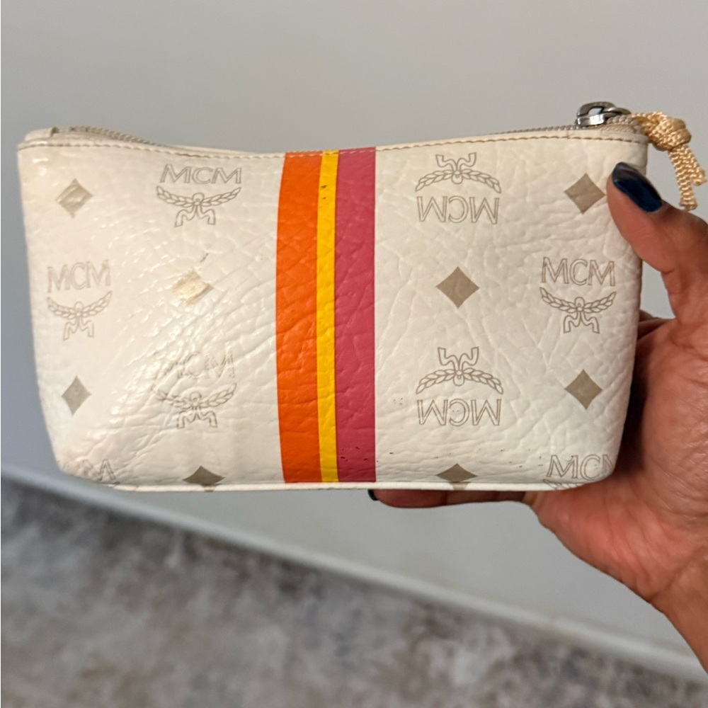 MCM White Leather Cosmetic Pouch with Pink, Orange & Yellow Stripes